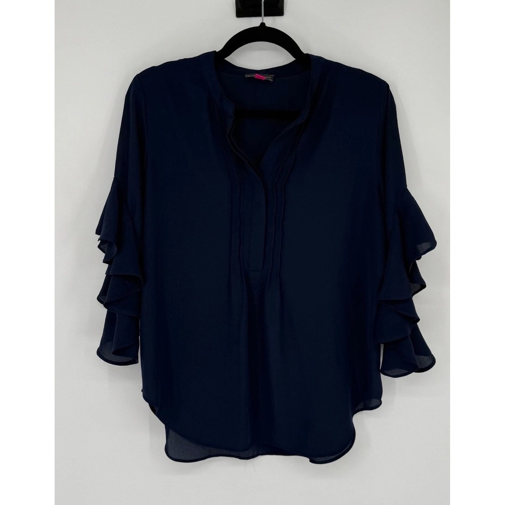 Vince Camuto Shirt Women's Small Navy Blue Ruffle Career Work Job Office Siren